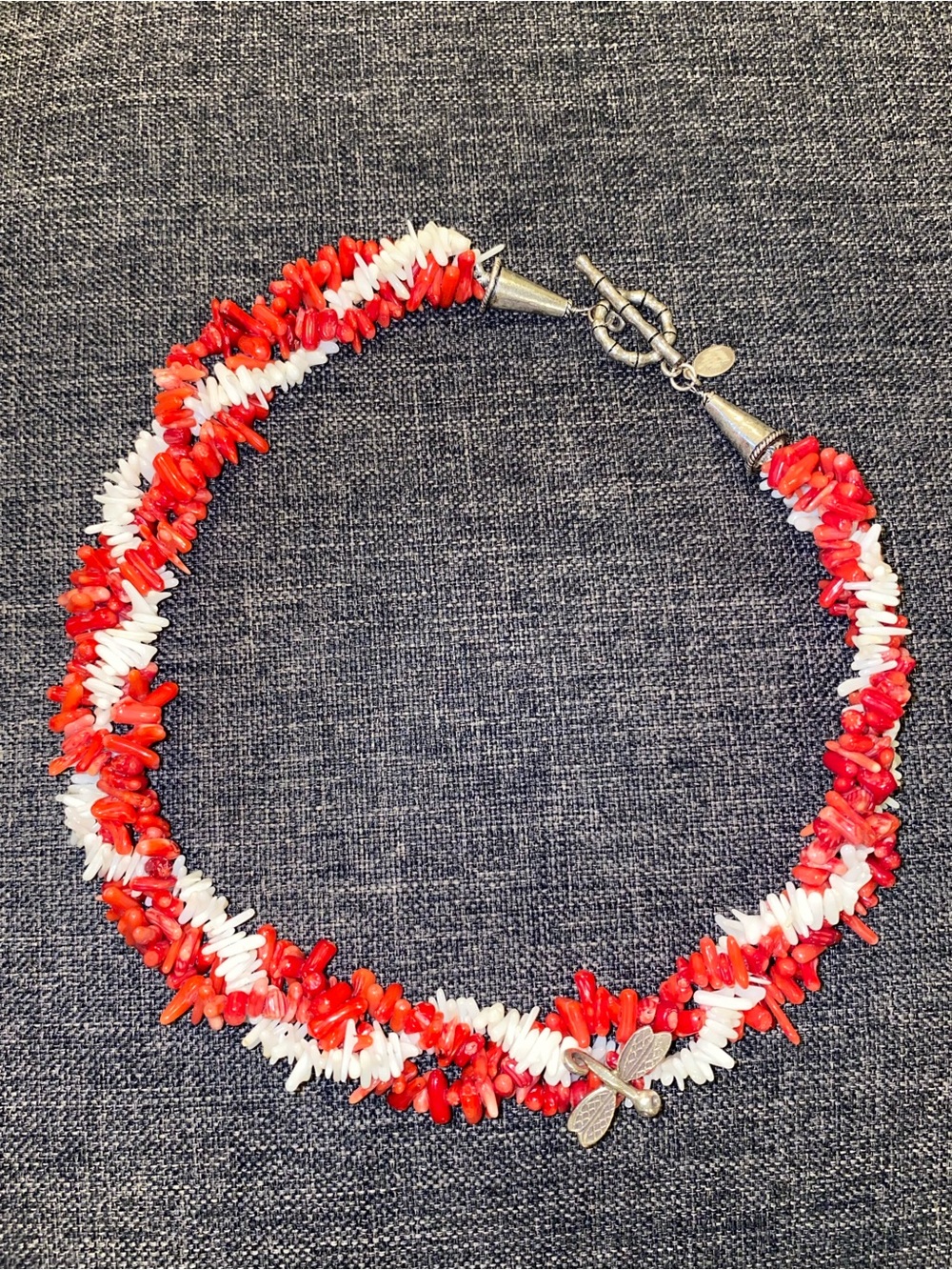 Red & White Coral Necklace - With 925 Sterling Silver Dragonfly Charm